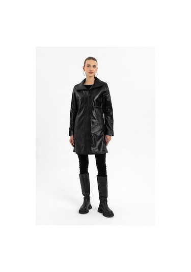 Siyah Hena Fermuarlı Geniş Kesim Uzun Kadın Hakiki Deri Kaban-siyah Siyah