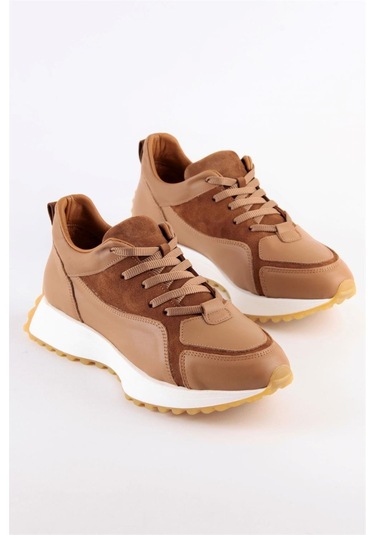 Sara Taba Hakiki Deri Bağcıklı Kadın Sneaker-Taba