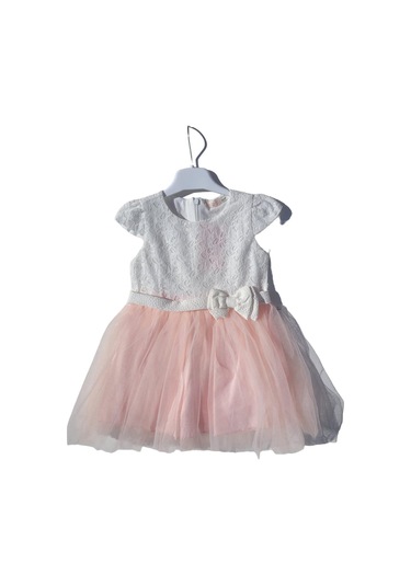 Kız Çocuk Güpürlü Tüllü Fiyonklu Tütü Elbise-12658-pudra Pudra