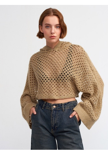 Dilvin Kapşonlu Simli Kimono KazakAltın Altın - Bej