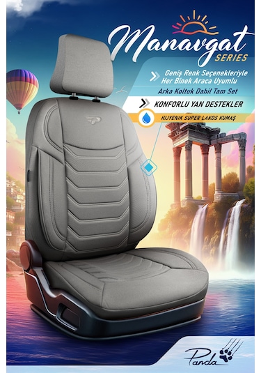Gri - Gri Panda Manavgat Serısı Lakos Kumaş Oto Koltuk Kılıfı - Tam Set