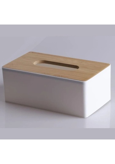 Gateesat Bambu Kapaklı Beyaz Modern Plastik Mendil Kutusu, Banyo Ve Mutfak İçin Dekoratif Saklama Beyaz