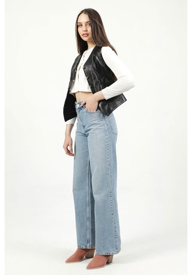 Dericlub Vittoria Kadın Düğmeli Slim Fit Hakiki Deri Yelek Siyah Siyah