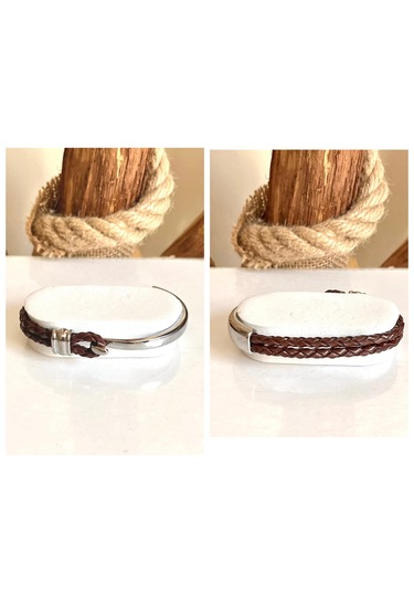 %100 Deri&krom Kombin Kahve Erkek Bileklik Net 22cm Türk Üretim Kahverengi