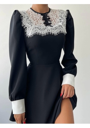 Parma Uzun Kollu Mini Boy Elbise Siyah