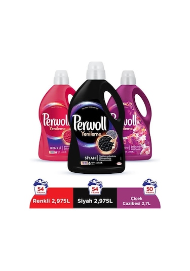 Perwoll Hassas Bakım Sıvı Çamaşır Deterjanı Siyah 2970 ML + Renkli 2970 ML + Çiçek Cazibesi 2700 ML