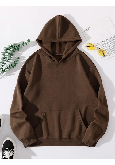 Düz Basic Sweatshirt - Kahverengi Oversize Kapüşonlu Kahverengi