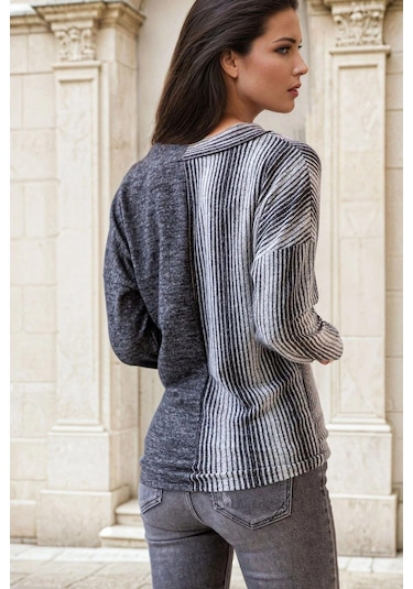 Antrasit V Yaka, Renk Bloklu, Uzun Kollu, Şerit Detaylı Bluz Antrasit