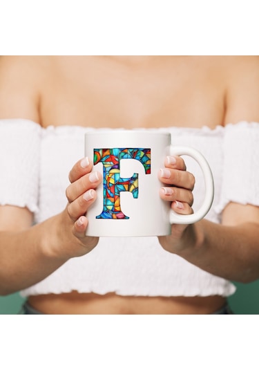 F Harfi Bardak 330 Ml İsme/harfe Özel Hediye, Renkli Harf Tasarım Beyaz