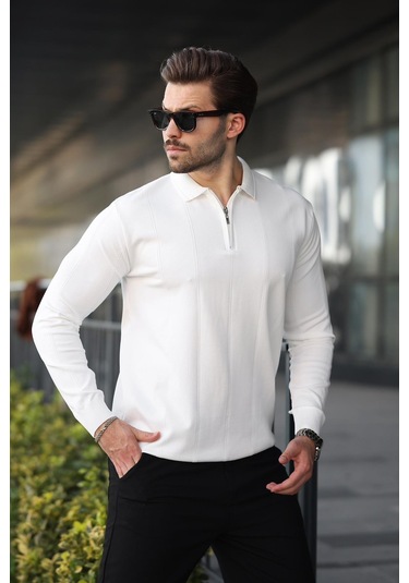 Beyaz Polo Yaka Fermuarlı Erkek Kazak E7427 Beyaz