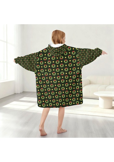 Noel Temalı 6-13 Yaş Çocuk Giyilebilir Battaniye Hoodie, Kalın Peluş, Büyük Boy-a25 Krem - Pembe