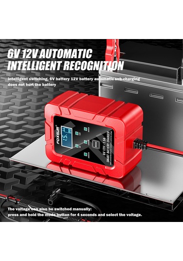 Padalink Foxsur 6v/12v Akıllı Otomatik Akü Şarj Cihazı - 4ah-30ah, Lcd Ekranlı, Akü Onarımı, Otomobil-motosiklet, Avrupa Standartı, Kırmızı
