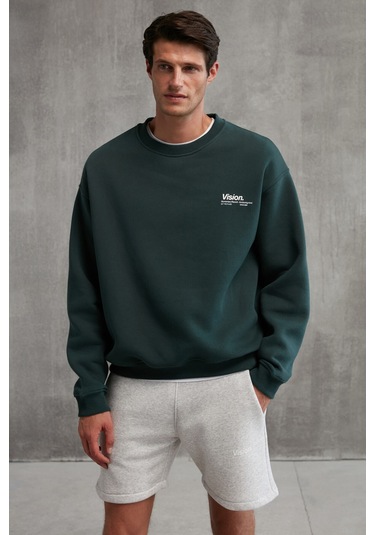 Ernest Erkek Organik Pamuklu Yumuşacık Baskı Detaylı Bisiklet Yaka Içi Polarlı Koyu Yeşil Sweatshirt