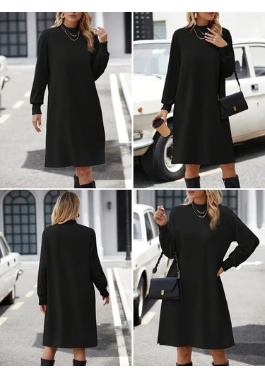 Stilaura Kadın Uzun Kollu Balıkçı Yaka Kısa Şardonlu Dalgıç Elbise Siyah