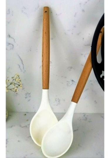 Qerhome Bambu Saplı Silikon Servis Kaşığı Krem 1 Adet