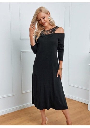 Nnstartshopping Kadın Uzun Kollu Yaka Önü Güpürlü Madonna Yaka Viskon Midi Boy Elbise Siyah