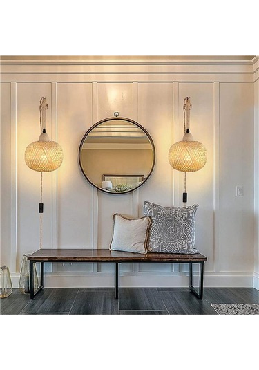 Retro Japon Tarzı Bambu Başucu Duvar Lambası Abd Fişi-b Diğer