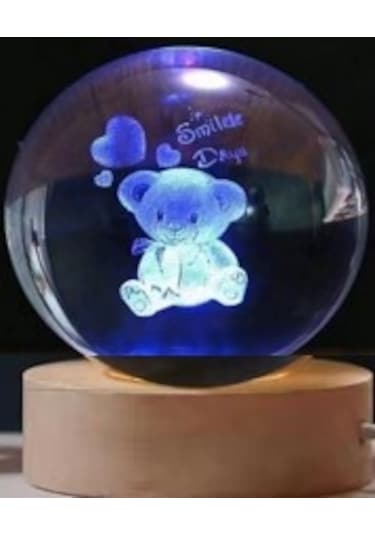 Dekoratif Ayıcık Tasarımlı Ahşap Altlıklı Işıklı Cam Küre Büyük Boy Cam:8cm Ahşap:2cm Karışık Renk