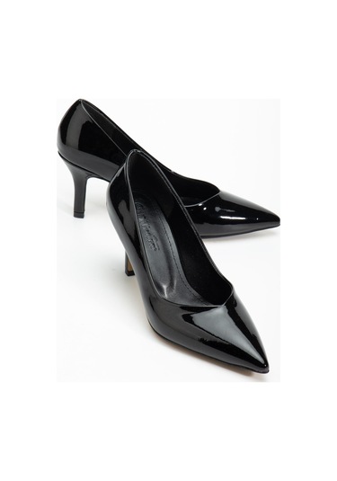Büyük Beden Kadın Stiletto İnce Topuklu Ayakkabı Siyah Rugan V Yüzlü-4287 Siyah