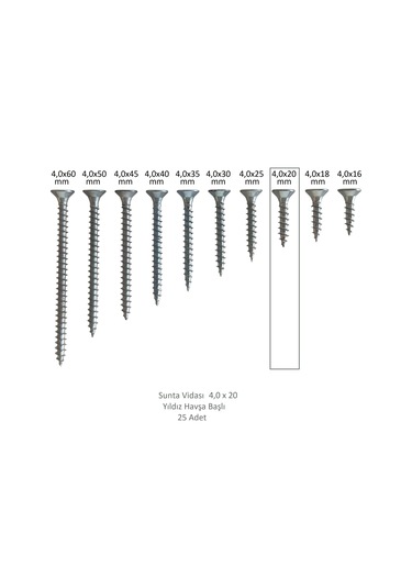 Adilon Sunta Vidası, 4,0 X 20 Mm, 25 Adet, Yhb Vida 4 x 20