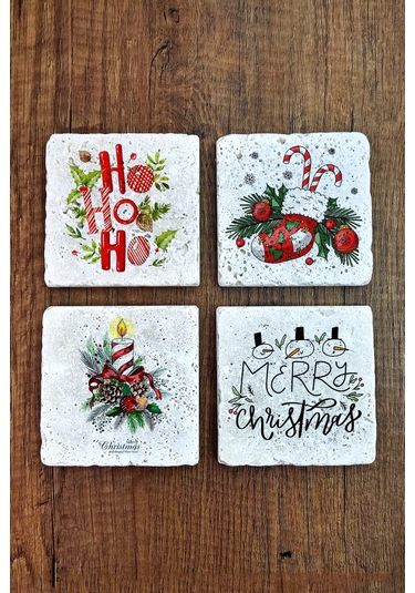 Doğal Taş Bardak Altlığı 4'lü Set 10x10x1 Cm Yeni Yıl- Yıl Başı Stone Coasters Çok Renkli