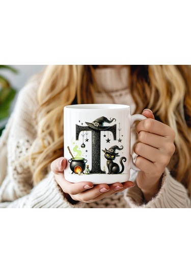 T Harfli Halloween Kedili Figür Kupa Bardak - Şapkalı Ve Kazanlı İsme Özel Kupa - Hediye Beyaz