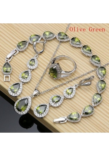 Novahub Zeytin Yeşili Gümüş Renk Takı Mavi Kübik Zirkonya Takı Setleri Kadınlar Için Küpe Kolye Yüzük Bilezik 7.5 Yeşil