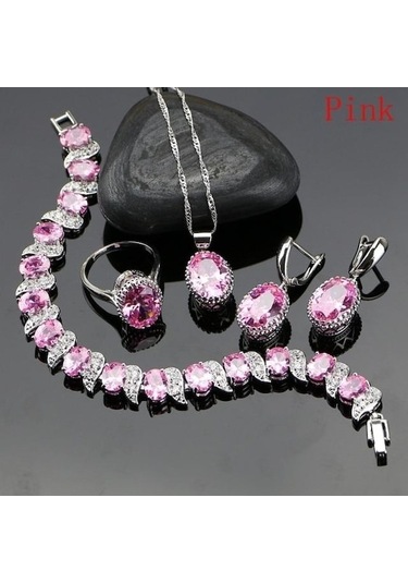 Novahub Pembe Pomoiii Doğal 925 Gümüş Takı Kırmızı Birthstone Charm Takı Setleri Kadın Küpe/kolye/kolye/yüzük/bilezik 6.5 Pembe Altın