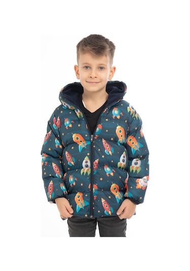 Erkek Çocuk Içi Polarlı Kapüşonlu Roket Desenli Kışlık Şişme Mont Lacivert