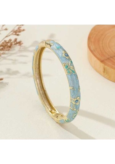 Fastbuy Altın Kaplama Çiçek Desenli Emaye Bileklik - Kadın Ve Kızlar İçin Şık Takı Hediyesi - Mavi Mavi