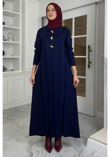 Yaprak Triko Elbise Lacivert Normal