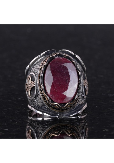 Osmanlı Tuğra Doğal Yakut Taş Yüzük, 925 Ayar Gümüş Yüzük Erkekler İçin Gümüş
