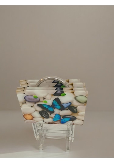 Liza Serisi Çanta Zigon, 4 Lü Katlanabilir Sehpa, Cam Sehpa, Çanta Sehpa Krom Ayak Kelebek