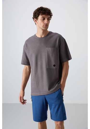 Tommy Life Koyu Gri Pamuklu Kalın Yüzeyi Dokulu Oversize Fit Basic Erkek T-shirt - 88341 001