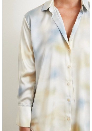 Ebruli Desen Saten Gömlek Buz Mavisi Buz Mavisi