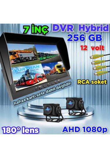 2 Adet 1080p Ahd 180 Derece Balık Gözü Kamera 7 İnç 256 Gb Destekli Hybrid Dvr Monitör 12 Volt