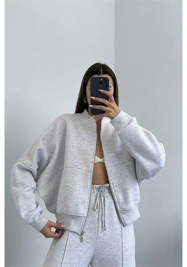 Neşeli Butik Kadın Penye 3 İplik Şardonlu Kumaş Eşofman Takımı Gts022 - Gri GRİ MELANJ