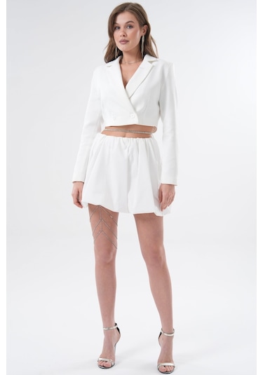 Saade Sââde Kadın Regular Fit Kruvaze Kapama Dokuma Crop Blazer Ceket -şık & Spor Beyaz