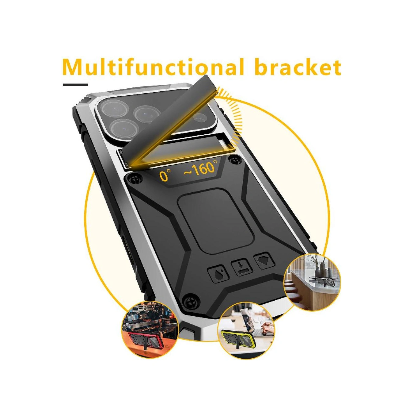 İphone 17 Pro Max İçin Metal Kılıf 360 Tam Koruma Kapak Cam Ekran Koruyucu Darbeye Dayanıklı Ağır Hizmet Kickstand İle