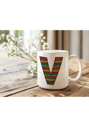 V Harfi Etnik Desenli Kupa - Afrika Tarzı Kahve Çay Kupası - Hediyelik - Black History Beyaz