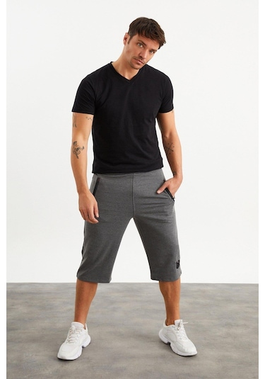 201762 Cep Nakış Detaylı Erkek Kapri-Ant.Melanj Antrasit Melanj