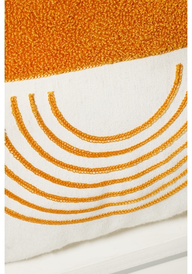 Beyaz Kumaş Punch Nakışlı Güneş Tasarımlı Dekoratif Kırlent Kılıfı 45 X 45 Cm Açık Hardal