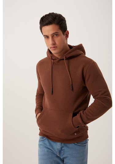 Erkek Kapüşonlu Kanguru Cep 3 İplik Sweatshirt Kahverengi