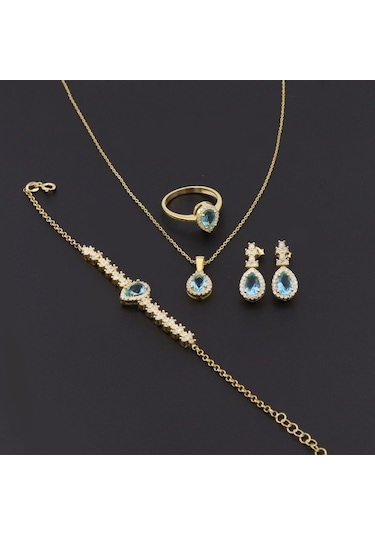 925 Ayar Gümüş Damla Desen Aqua Zarif Gold Set