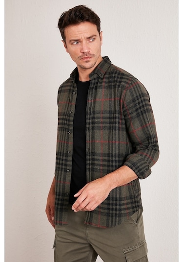 Buratti Ekoseli Uzun Kollu Slim Fit Kışlık Erkek Gömlek Cf21W112844 Haki