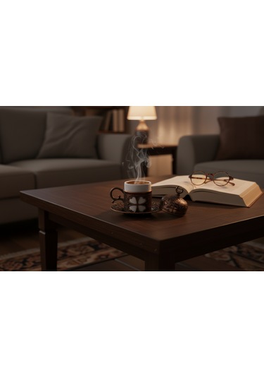 Yonca Desenli 6 Kişilik Porselenli Kapaklı 24 Parça Bakır Renk Fincan Seti Bakır