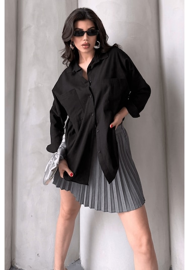 Paw Garage Kadın Harper Çift Cepli Oversize Keten Gömlek, 2025 Summer Collection Siyah