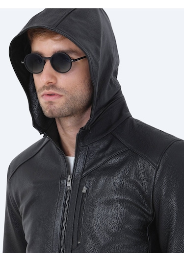 Kip Siyah Regular Fit Kapüşonlu Smart Casual Koyun Derisi Deri Mont