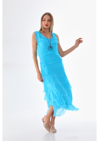 Italyan 2 Beden İnce Gösteren Kat Kat Kolsuz Ipek Elbise Turkuaz