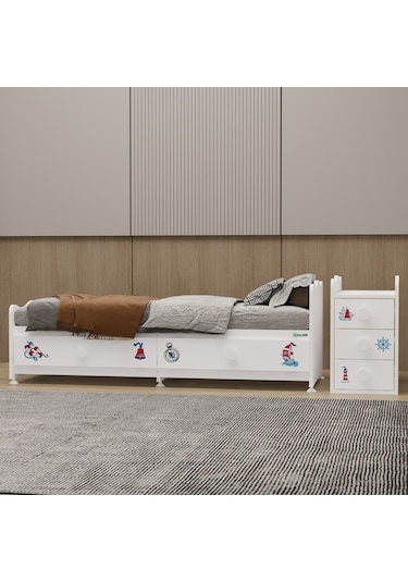 Melina Yıldız 2 Kapaklı Bebek Odası + Yatak + Uyku Seti - Denizci Beyaz